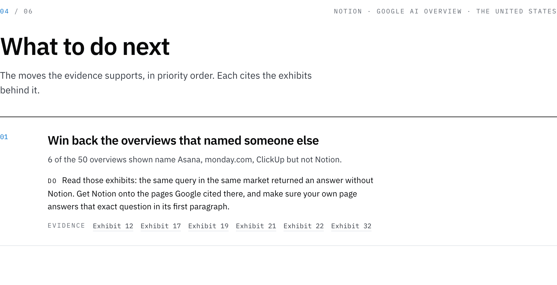 What to do next page: the first move, win back the overviews that named someone else, with its evidence exhibits.
